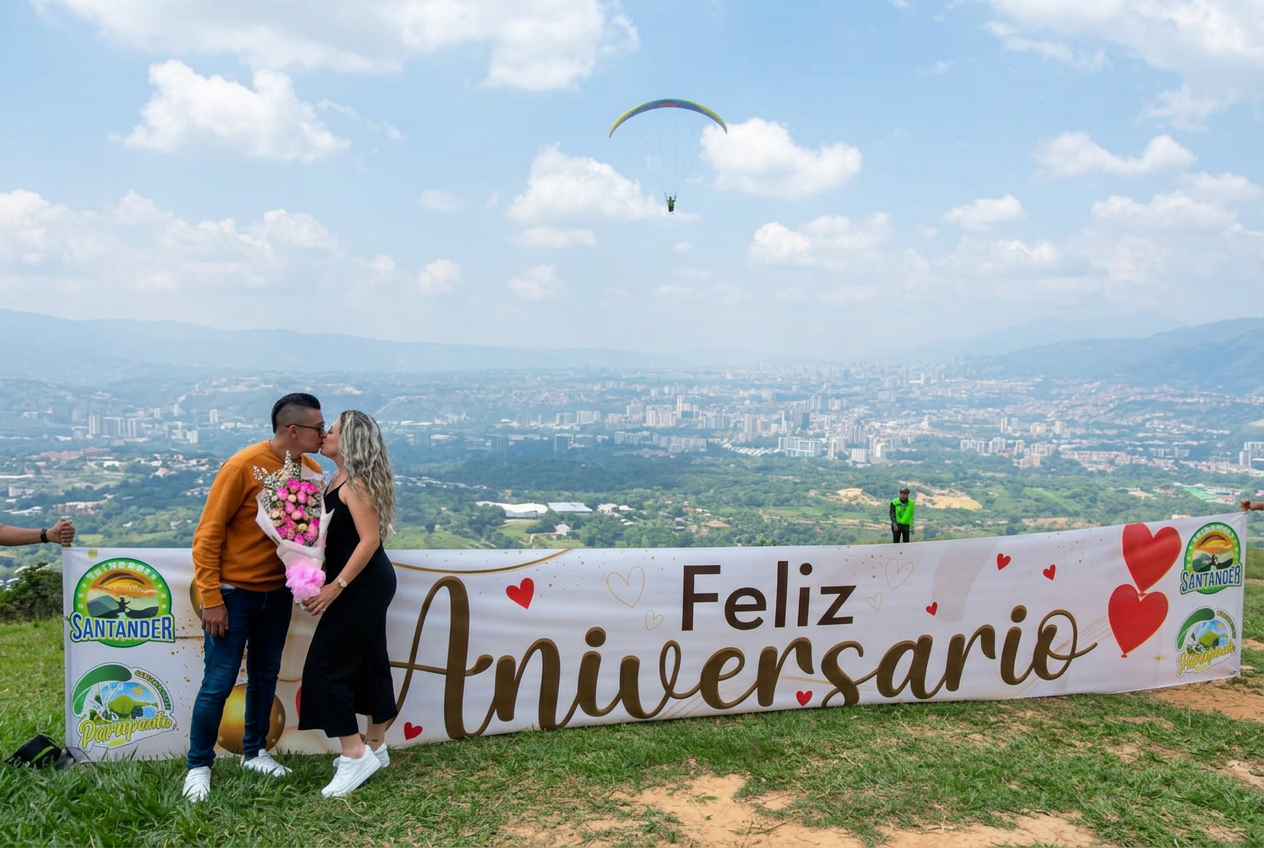 Pareja celebrando aniversario con pancarta 'Feliz Aniversario' frente al valle